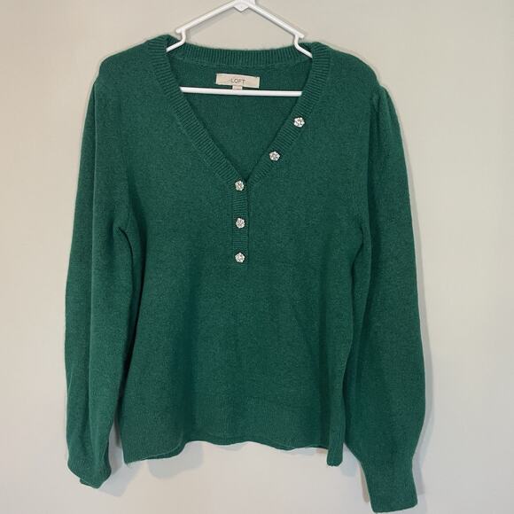 LOFT Green Rhinestone 1/2 Button V Neck Pullover Sz L Sweater Puff Sleeve Women - Picture 1 of 8
